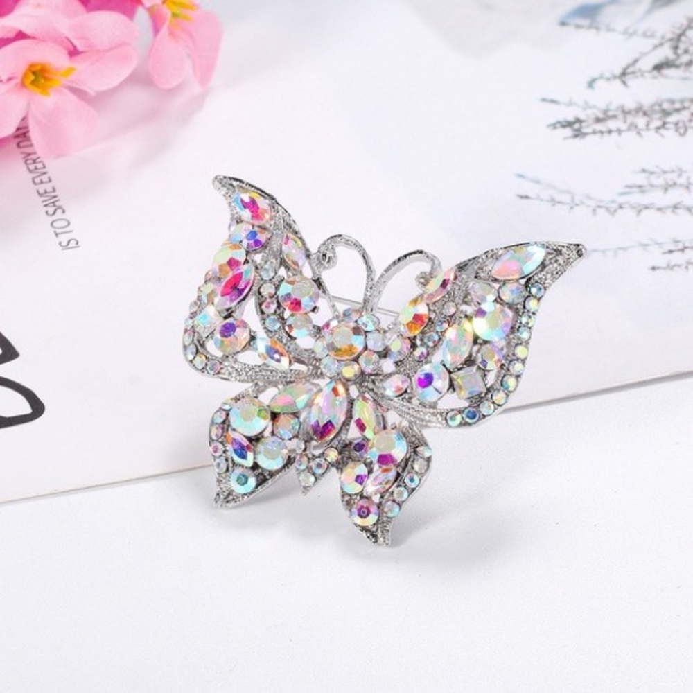 Silver Rhinestone Butterfly Brooch Pin - Picture 2 of 4